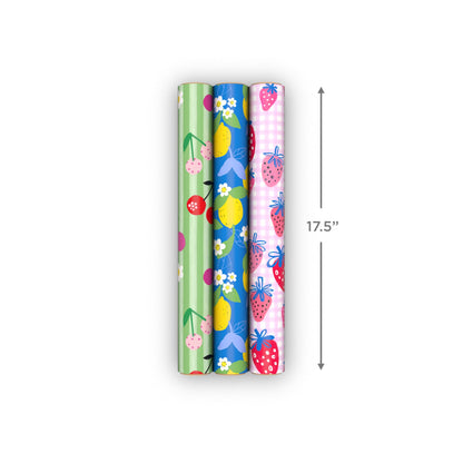 Hallmark Strawberry Scented Wrapping Paper Mini Rolls, 3-Pack (Strawberries, Lemons, Cherries) for Birthdays, Easter, Mother's Day, Bridal Showers, Any Occasion - 45 Sq. Ft. Total