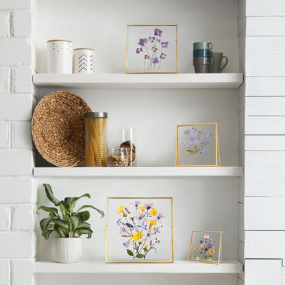 REDHUGO Double Glass Frame for Pressed Flowers Handmade, Tabletop Photo Frame for Floating Picture and Flower Press, Simple, Metal Geometric, Square, Gold, 4x4 Inches