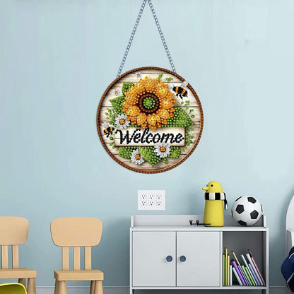 STGLCR DIY Welcome Wreath Acrylic Diamond Art Painting Kits Special Shaped Rhinestone Round Flower Bee Diamond Art Window Pendants Hanging Kits Mosaic Making Kits by Number Kits for Home Garden Wall