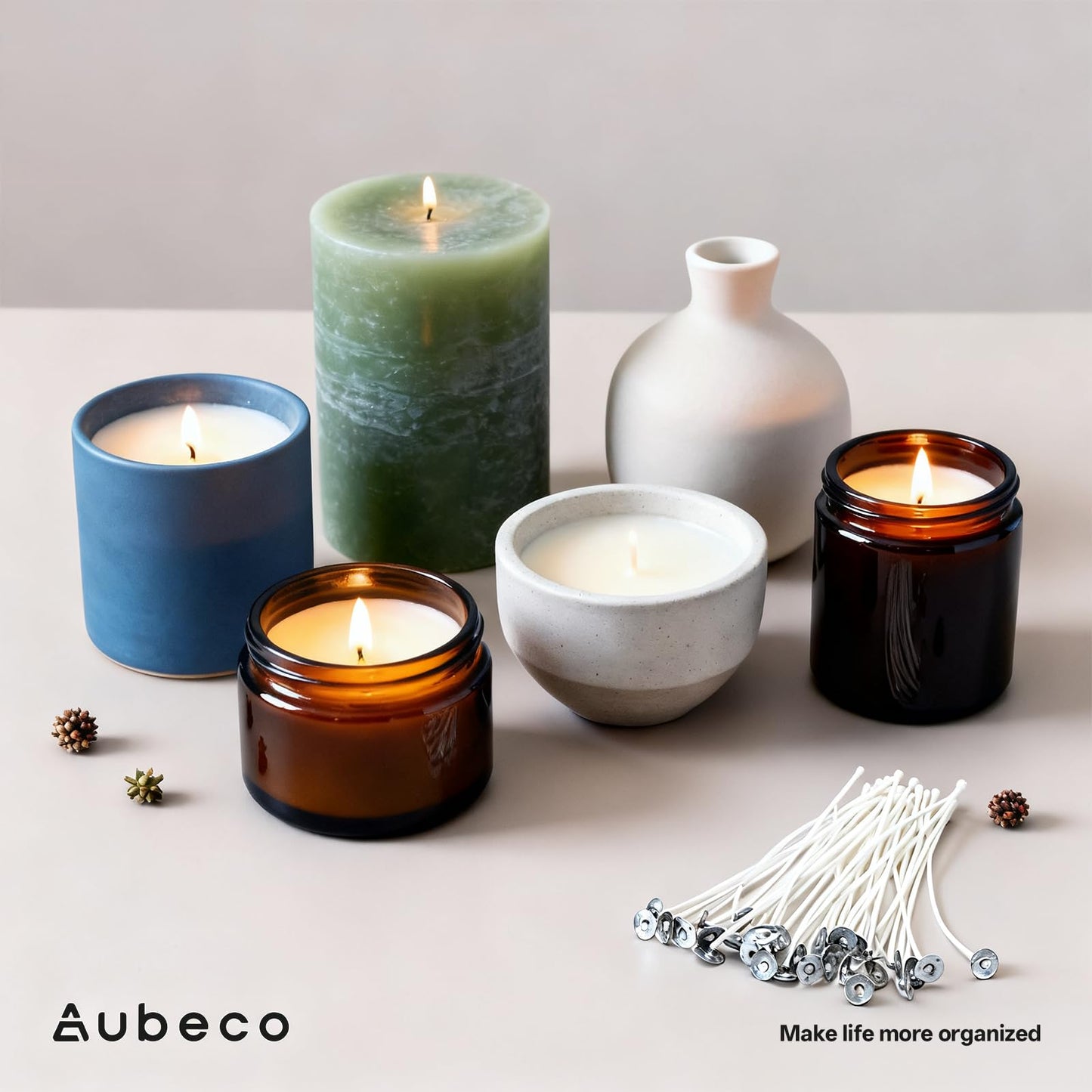 Aubeco 240Pcs Candle Wick, Low Smoke 4 Inch Pre-Waxed Cotton Wick with Tabs, Natural Cotton Core for Candle Making, Soy Candle DIY