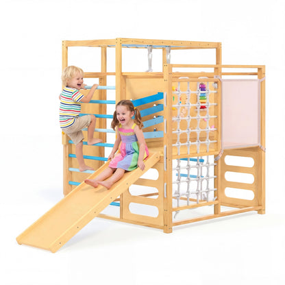 Jungle Gym with Slide, Rock Wall, Wood ＆ Rope Ladder, Monkey Bars, Gym Rings