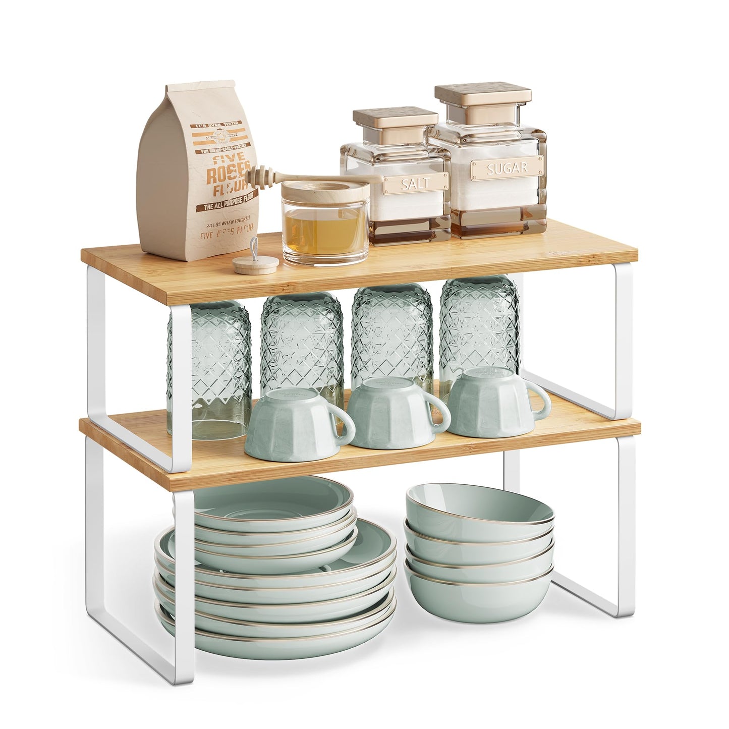 SONGMICS Cabinet Organizer Shelf, Set of 2 Kitchen Counter Shelves, Kitchen Storage, Spice Rack, Stackable, Expandable, Metal and Engineered Wood, Ink Black and Natural Beige UKCS02NB
