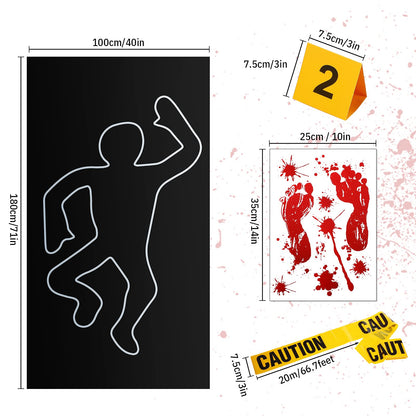 8 Pieces Crime Scene Decorations Including Body Silhouette Caution Barricade Tape Evidence Markers and Bloody Footprint Sticker Evidence Party Decorations for Halloween Home Wall