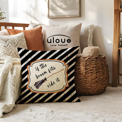 ULOVE LOVE YOURSELF 2Pack Black Halloween Pillow Covers Witch Hat/Broom Happy Halloween Decorative Pillow Cushion Cover Cute Fall Decor Pillowcase for Sofa/Couch/Porch
