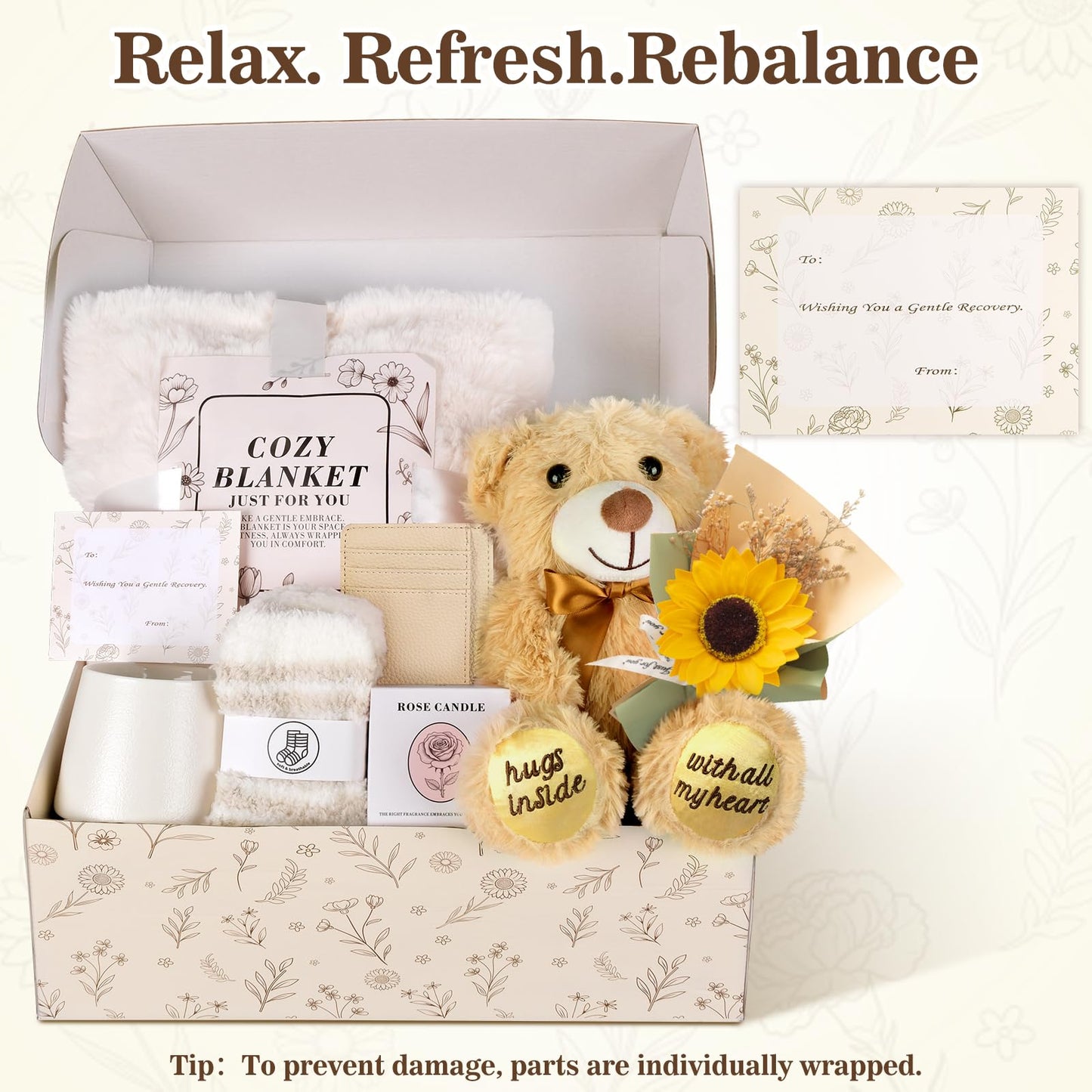 Get Well Soon Gift Basket for Women, Chemo Care Package for Women After Surgery, Thinking of You Sympathy Gift Basket, Spa Gift Set for Her, Hug in a Box with Blanket, Mug, Teddy Bear, Aromatherapy