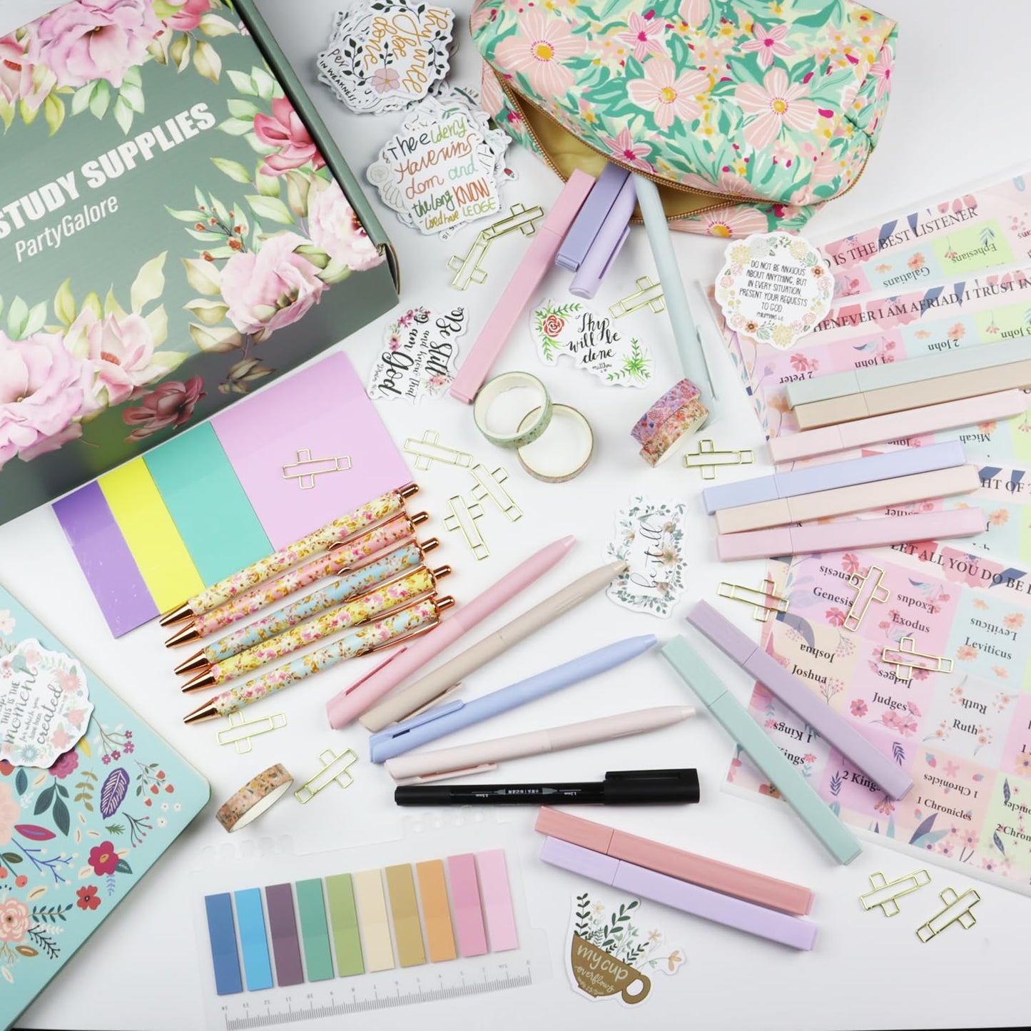 PartyGalore Bible Study Supplies Journaling Kit with Tabs and Notebooks, Bibles Highlighters and Pens No Bleed, Bible Study Kit for Women Students Beginner Christian Gifts
