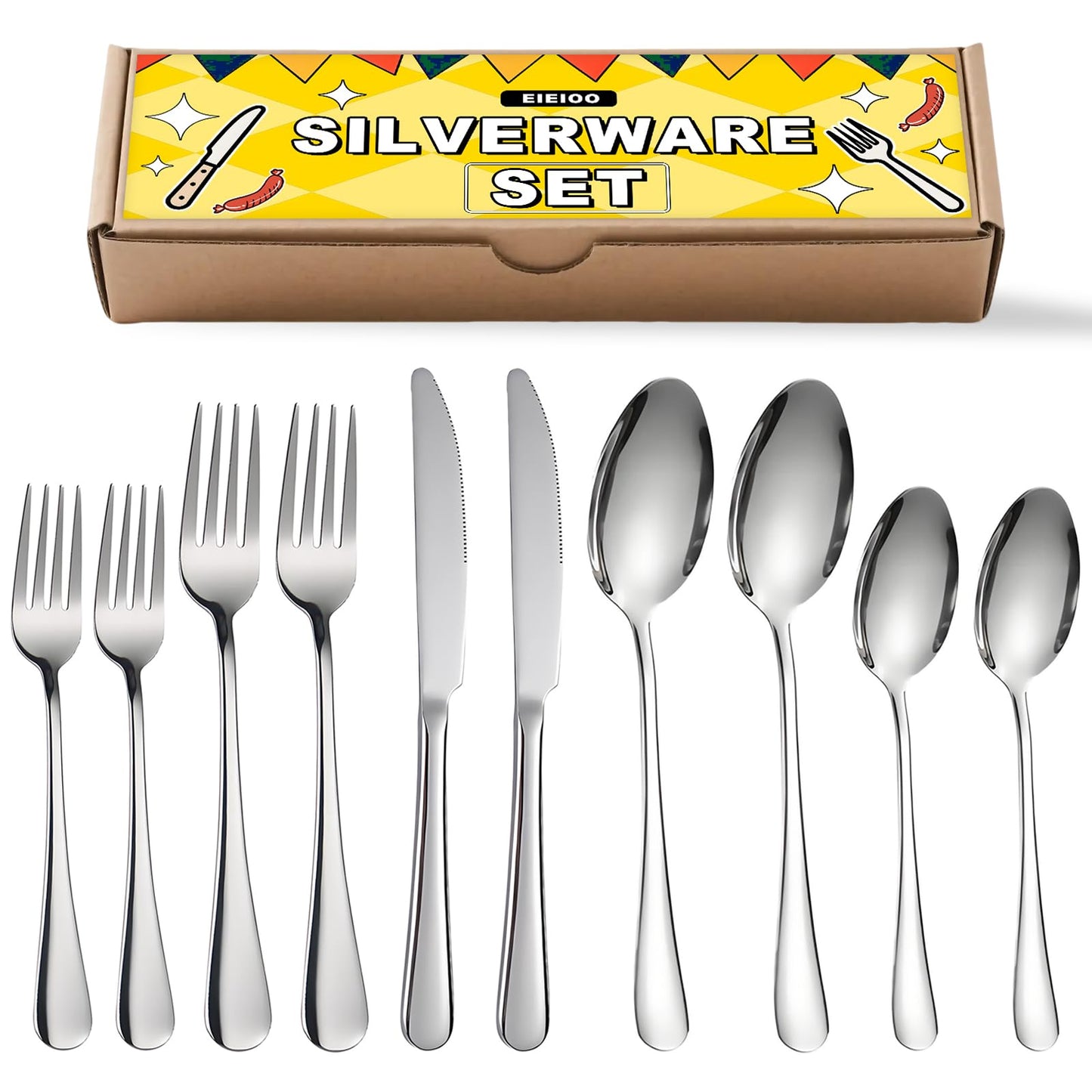 eieioo Silverware Set, Stainless Steel Cutlery Set for 2, Flatware Set Service 10 Pcs, Cutlery Utensil Sets with Knives, Spoons and Forks Sets, Mirror Polished, Dishwasher Safe (Set of 2)