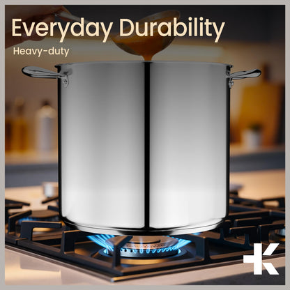 Stainless Steel Stockpot with Tempered Glass Lid 12 Quart, Durable 18/0 Stainless Steel, Impact-Bonded Base for Even Heating, Riveted Handles, Oven & All Stove Compatible, Safe Up To 500°F (260°C)