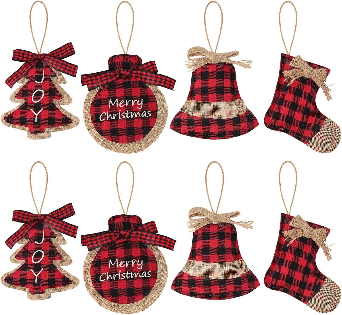 Ivenf Christmas Decorations Indoor Tree Ornaments - 8pcs Red Black Buffalo Plaid Burlap Farmhouse Ornaments for Home