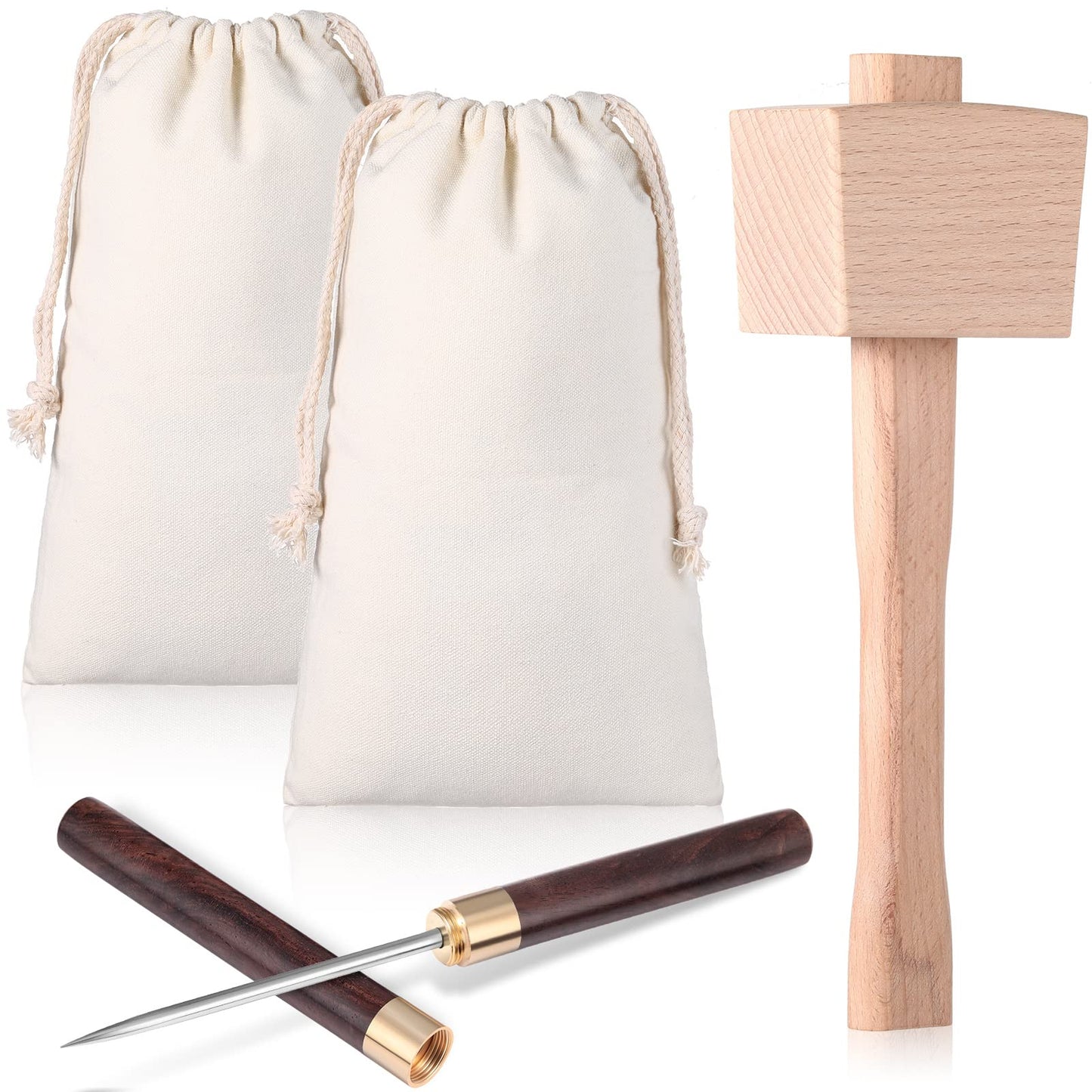 4 Pcs Lewis Bag and Ice Mallet Set, 11.8 x 7.9 Inch Reusable Canvas Crushed Ice Bags with Wooden Handle Hammer Crushers Stainless Steel Pick with Safety Cover for Bar Bartender Tools Kit