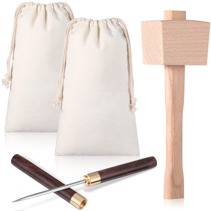 4 Pcs Lewis Bag and Ice Mallet Set, 11.8 x 7.9 Inch Reusable Canvas Crushed Ice Bags with Wooden Handle Hammer Crushers Stainless Steel Pick with Safety Cover for Bar Bartender Tools Kit