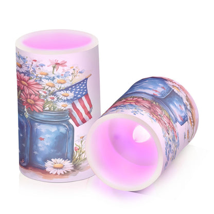 Patriotic Red Blue Flowers Vase American Flag5 Flickering Flameless Candles Battery Operated with Remote Timer,Tea Light Candles LED Pillar Votive Candles set of 2 for Outdoor Indoor Decorations