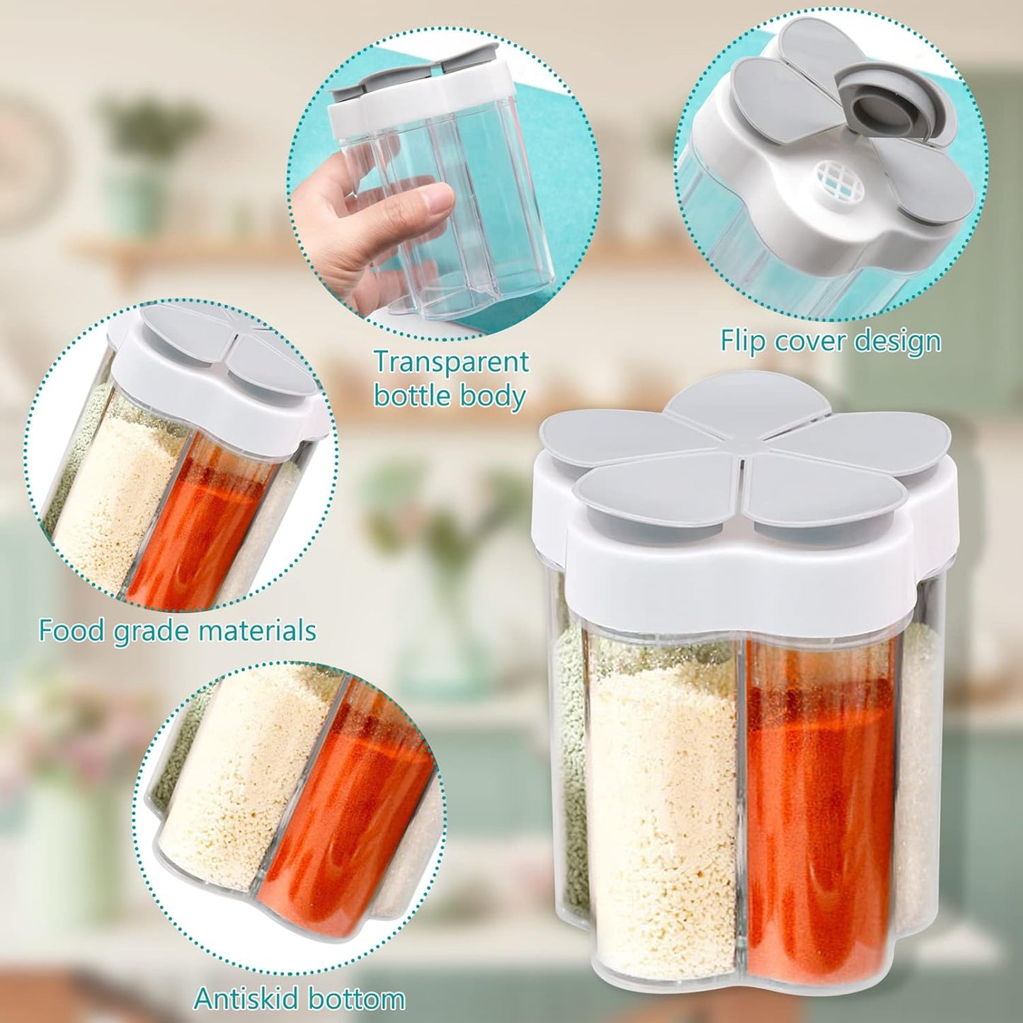 2 PCS Travel Spice Containers 5 in 1 Camping Seasoning Jars, Clear Plastic Condiment Bottle for BBQ, Picnic