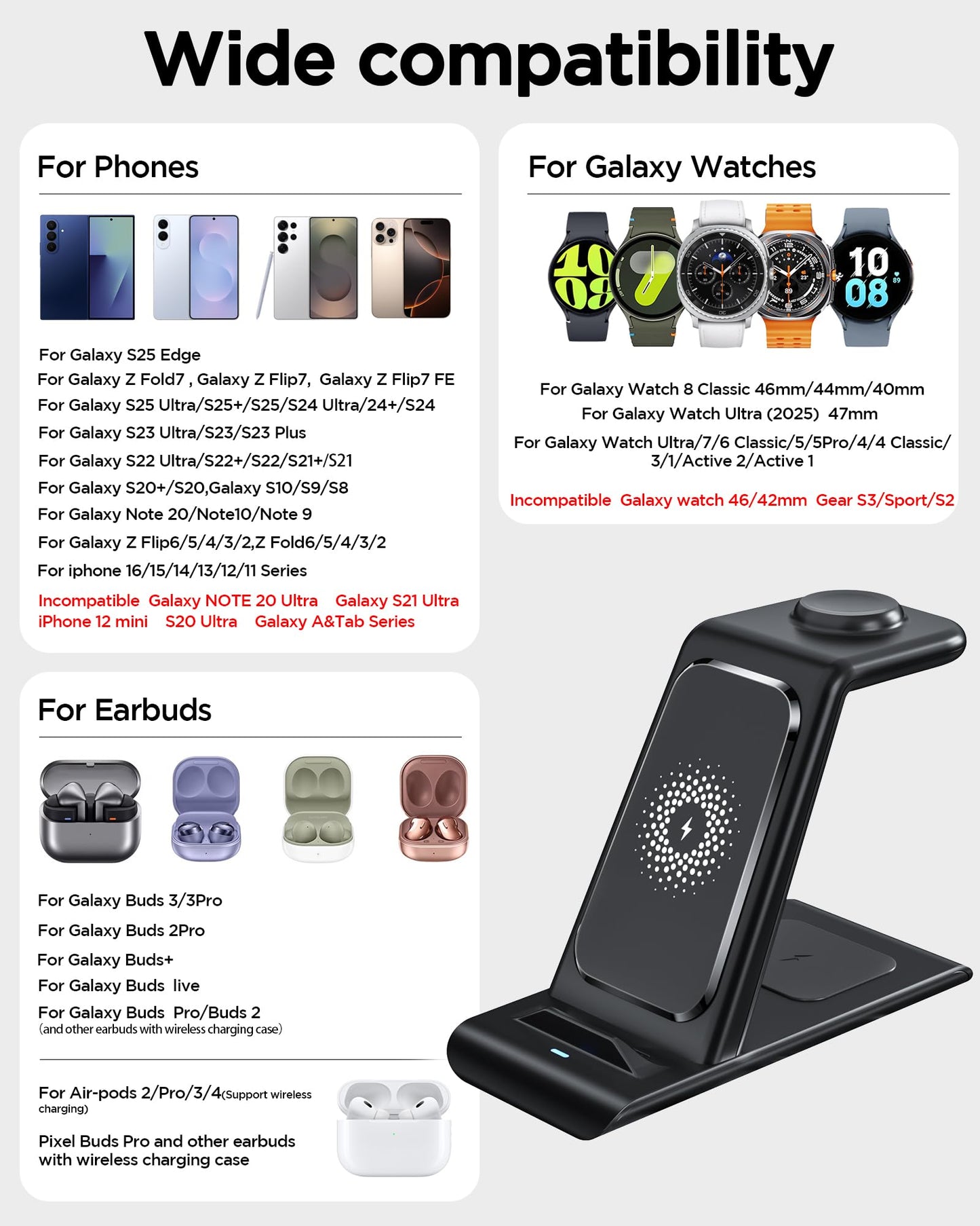 Wireless Charging Station for Samsung Wireless Charger Galaxy Watch 8/7/6/5/4/3 Active 2/1 Stand Galaxy S25 Ultra/S25/S24/S23/S22/S21/Note20/10 Z Fold Flip 7 Galaxy Buds3/2 Pro/Live Multiple Devices