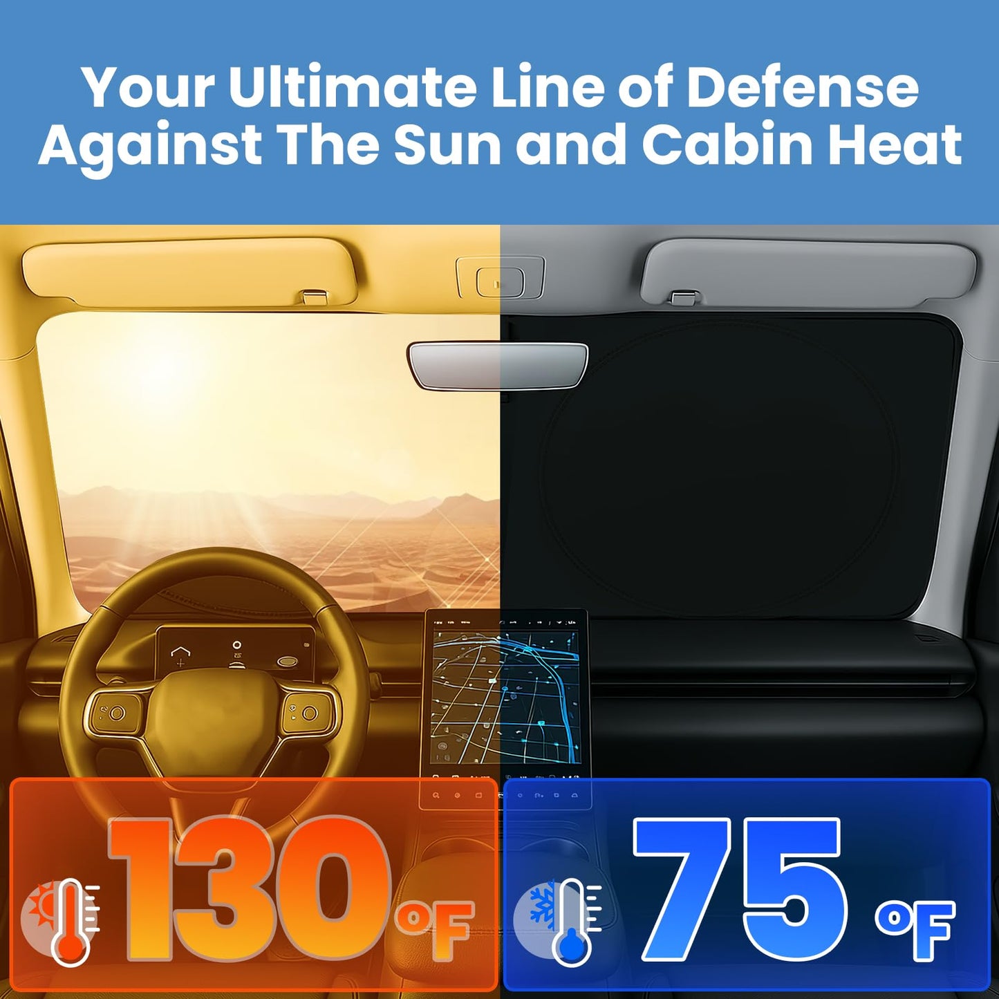 Windshield Sun Shade, Reflective Sunshade for Car Windshield with Mirror Cut-Out, Blocks 99% UV Rays & Keeps Vehicle Cool, Fits Cars, Trucks, SUVs & Vans, Fade-Resistant, (Large)