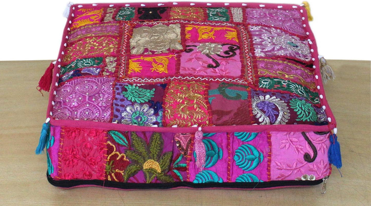 22x22x5 inches, CRAFT KALA Indian Square Patchwork Traditional Pouf Cover Indian Living Room Poufs Decorative