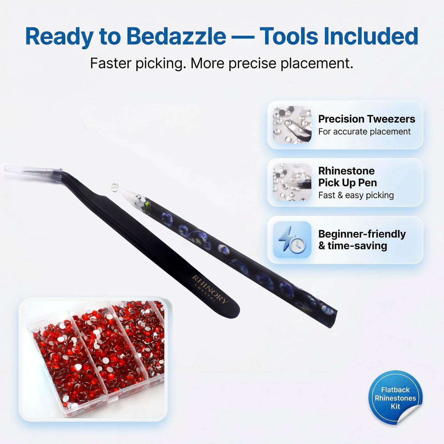 Rhinory Crystal Flatback Rhinestones Bedazzling Kit - Crystal Clear Gems SS6 SS10 SS16 SS20 Sizes (Over 6,000 Pieces) with Tweezers, Wax Picker Pen for Tumblers, Phone Cases, Shoes, Crafts