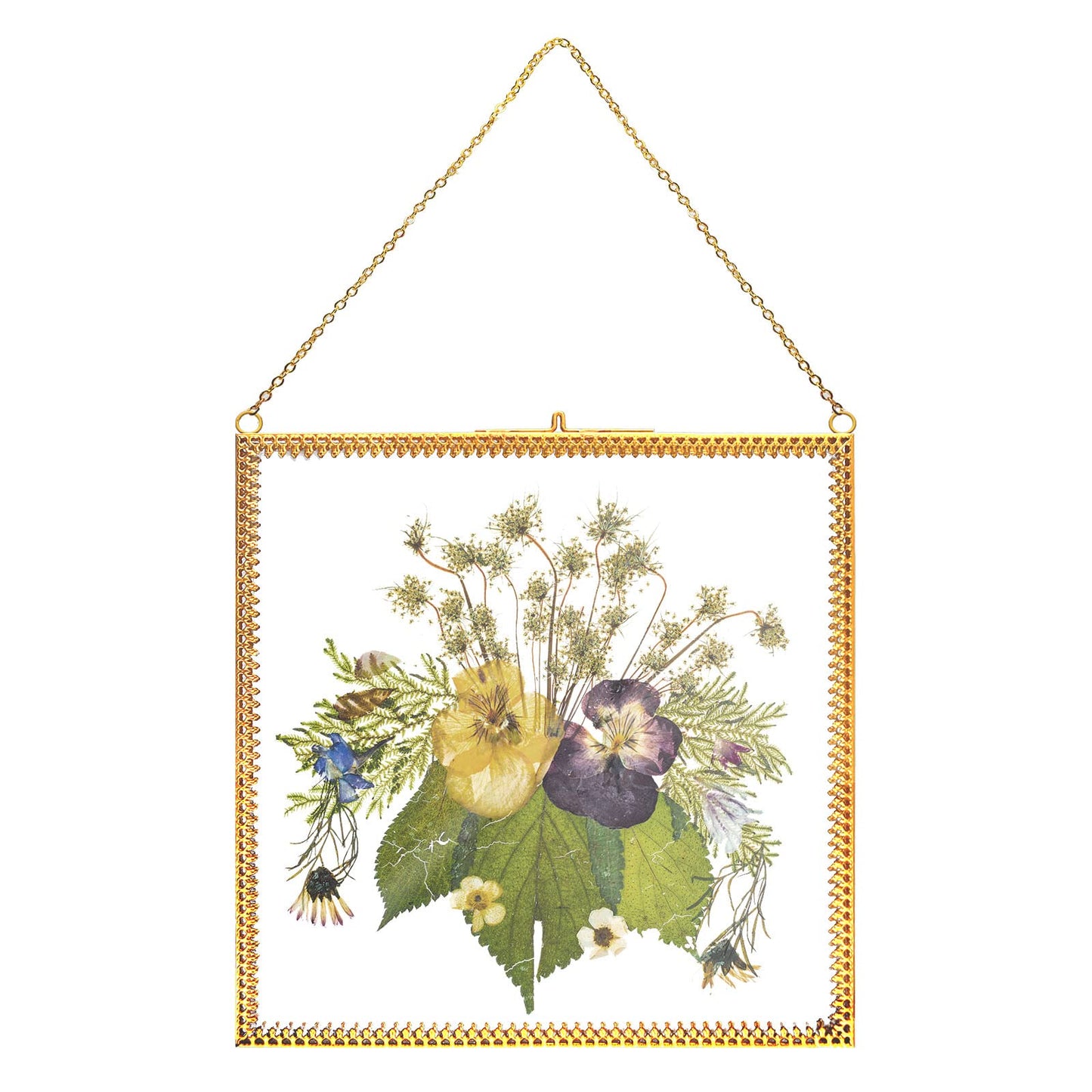 TLBTEK 2 PCS 8x8 inch Brass Hanging Photo Frame,Double Glass Frame for Pressed Flowers,Clear DIY Vintage Artwork Display Frame Wall Mounted Photos Frame
