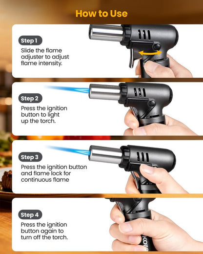 Kollea Butane Torch with Fuel Gauge T907, One-hand Operation Culinary Blow Torch Lighter with Safety Lock & Adjustable Flame for Cooking, Baking, Creme Brulee, Food Desserts (Butane Gas Not Included)