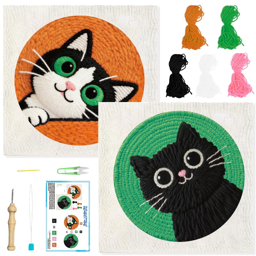 BEUNITONE 2Pcs Cute Cat Punch Needle Kit for Beginners, Starter Embroidery Kits with Frame & Instructions, Needle Felting Kit Poke Art for Adults DIY Handmade Craft for Coasters, Bags, Clothes Decor