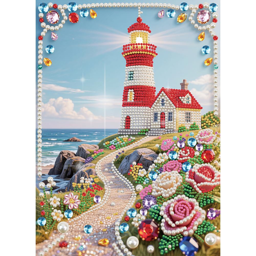 DIADAY 5D DIY Pearl Painting Kit for Adults, Lighthouse Pearl Art with Diamond Special Shape Rhinestones Accents, 3D Relief Beads Craft Home Wall Decor Gift, 12 x 16 Inches