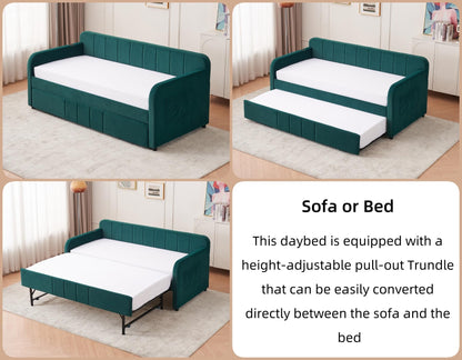 KEIKI Twin Velvet Corner Daybed with Liftable Trundle, USB Charging, Pockets, Converts to King Size, Upholstered Headboard Captain Sofa Day Bed Frames for Small Room, Bedroom, Kids' Room, Emerald