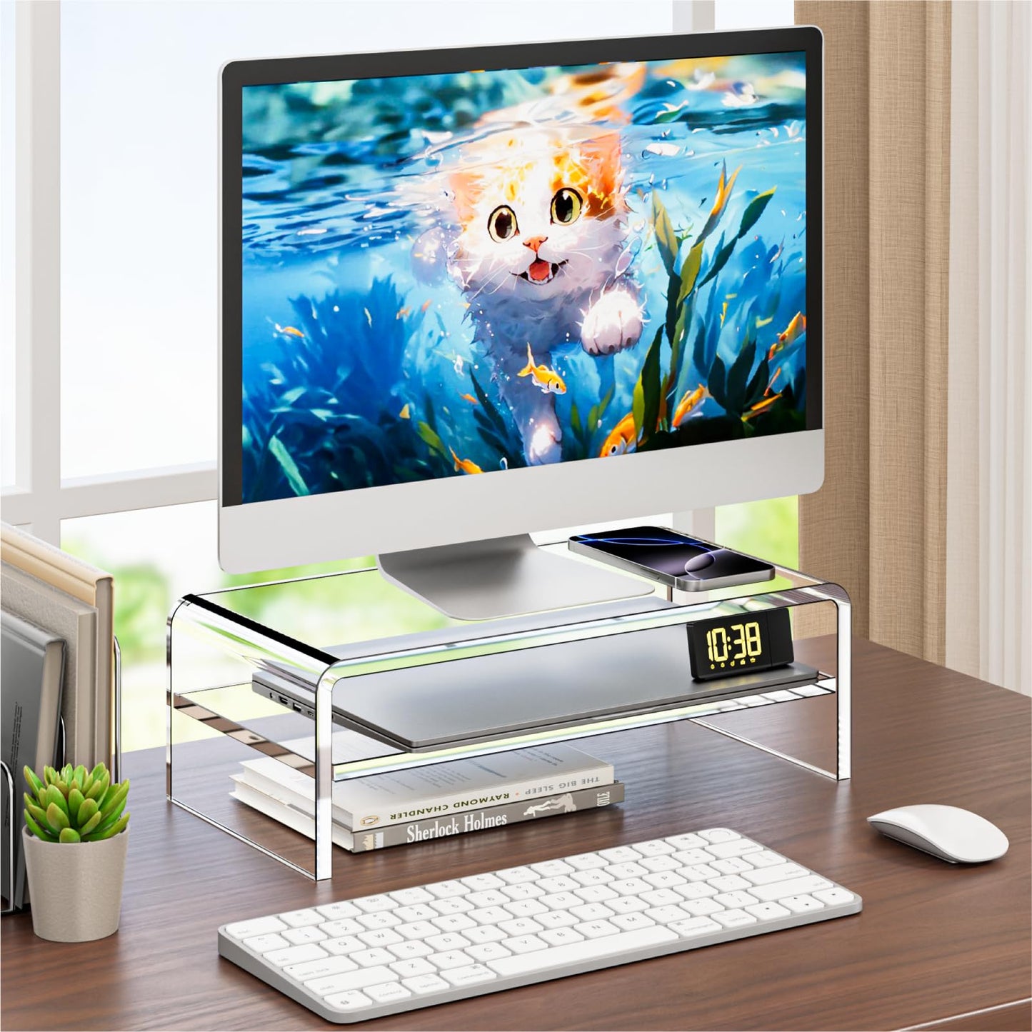 Egchi Clear Acrylic Monitor Stand Riser 2 Tier, 5.12 Inches High Clear Computer Desk Organizer Shelf for Multi Media PC Storage Laptop