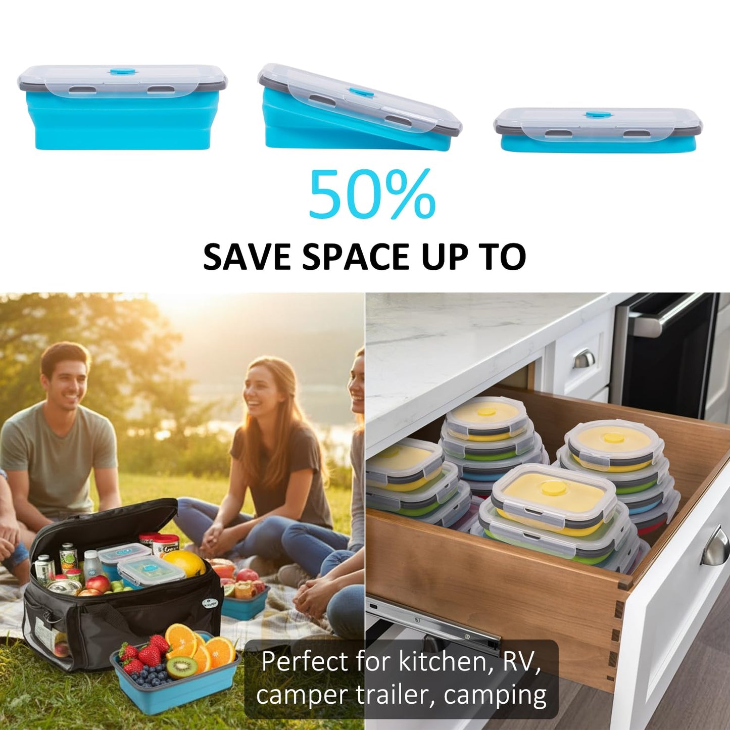 Collapsible Food Storage Containers with Lids 20 Pack(81oz/58oz Extra Large Included), 12 Rectangular+8 Round, Annaklin Silicone Collapsible Food Containers Sets Microwave Freezer Dishwasher Safe Blue