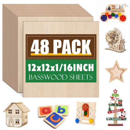 48 Pack Basswood Sheets 1/16x12X12Inch,Plywood Sheets for Crafts.Unfinished Wood Boards for Laser Cutting & Engraving,Burning,Balsa Wood Sheet for Painting.