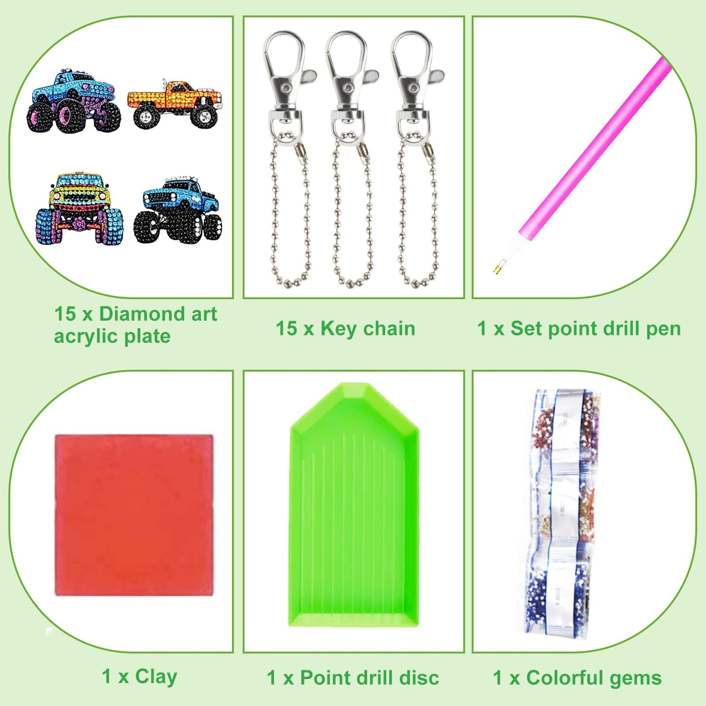 beinkmake 15Pcs Car Diamond Art Painting Keychains Kit Diamond Art Ornaments Double Sided Cool 5D Diamonds Key Rings for Adults DIY Gem Keychains for Beginners Craft Handmade Gifts