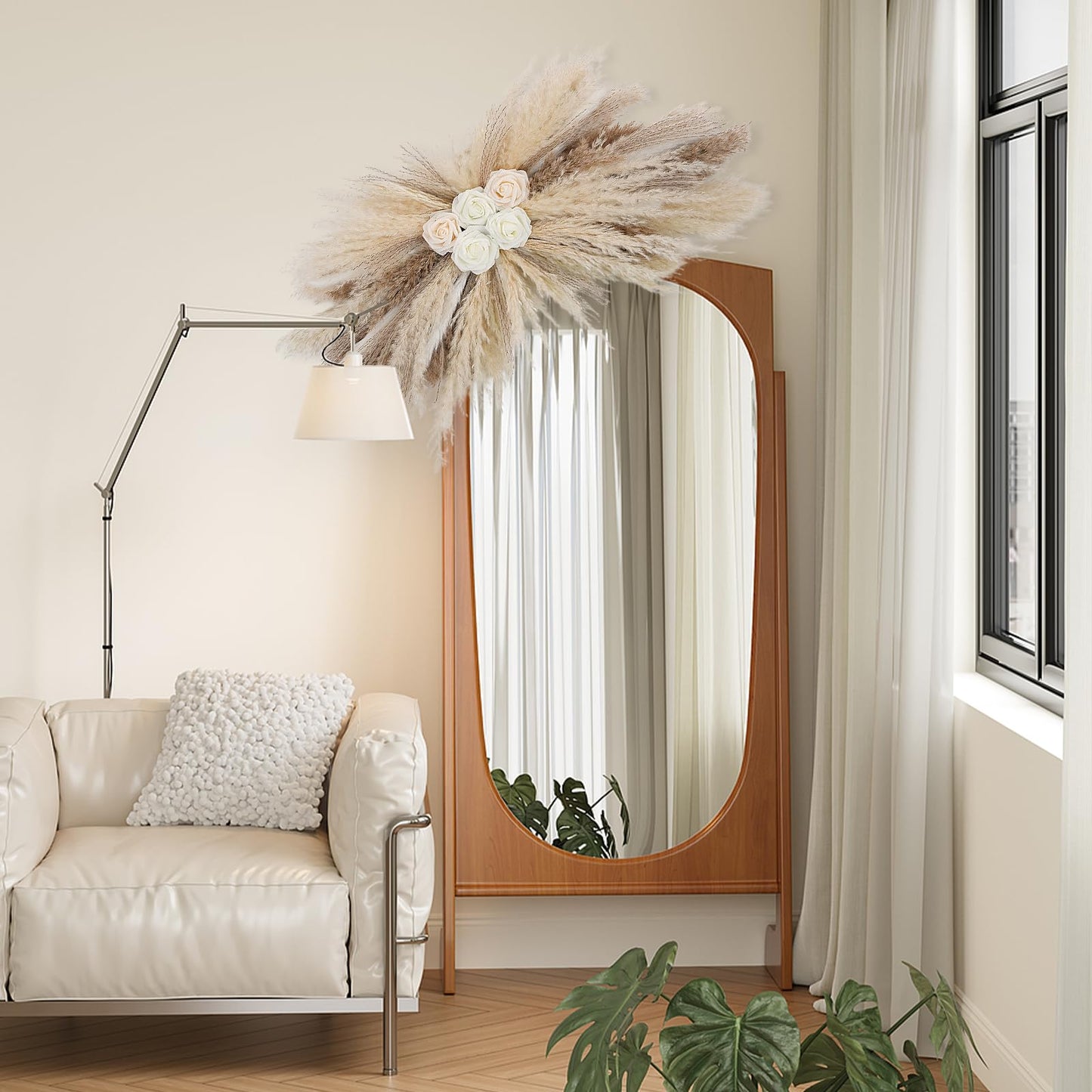 36-38" Large Pampas Grass Wall Decor, DIY Artificial Roses & Natural Dried Boho Hanging Flowers for Wall, Mirror, Wedding Arch, Entryway Decor, Gift, Requires Assembly & Easy Install