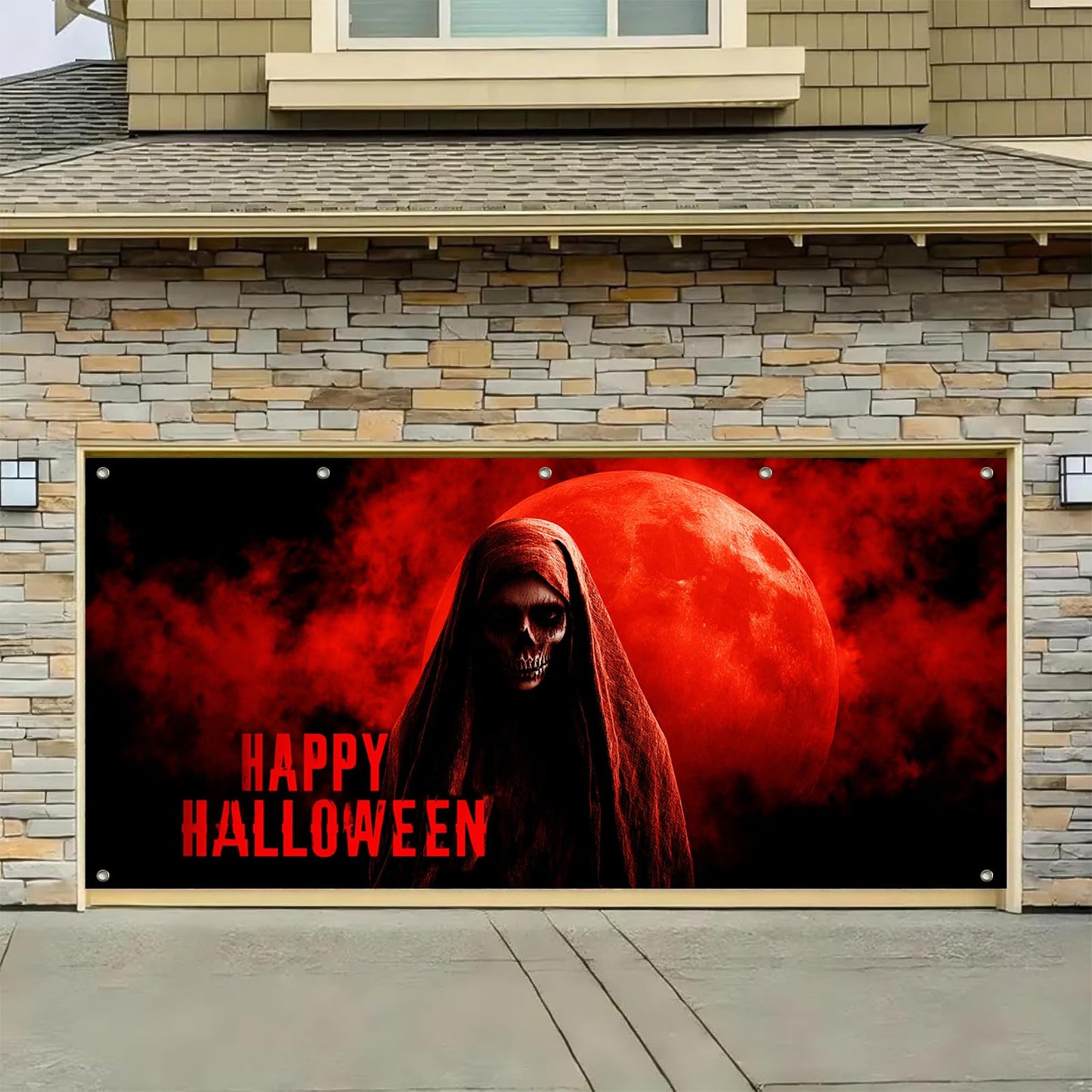 HOMETITUTE Halloween Garage Door Banner 13x6ft Grim Reaper Skeleton Blood Moon Decor Spooky Halloween Sign Horror Wall Cover Scary Door Backdrop Creepy Haunted House Outdoor
