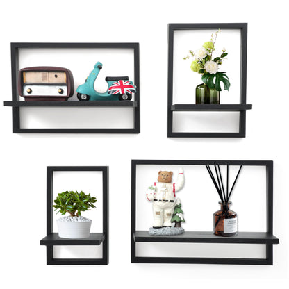 PHOENANCEE Square Floating Shelves,Framed Wall Shelf Decorative Set of 4,Modern Plants Hanging Display Art Decor Storage for Livingroom Bedroom Bathroom Farmhouse,Home Light Wood,Rustic Black