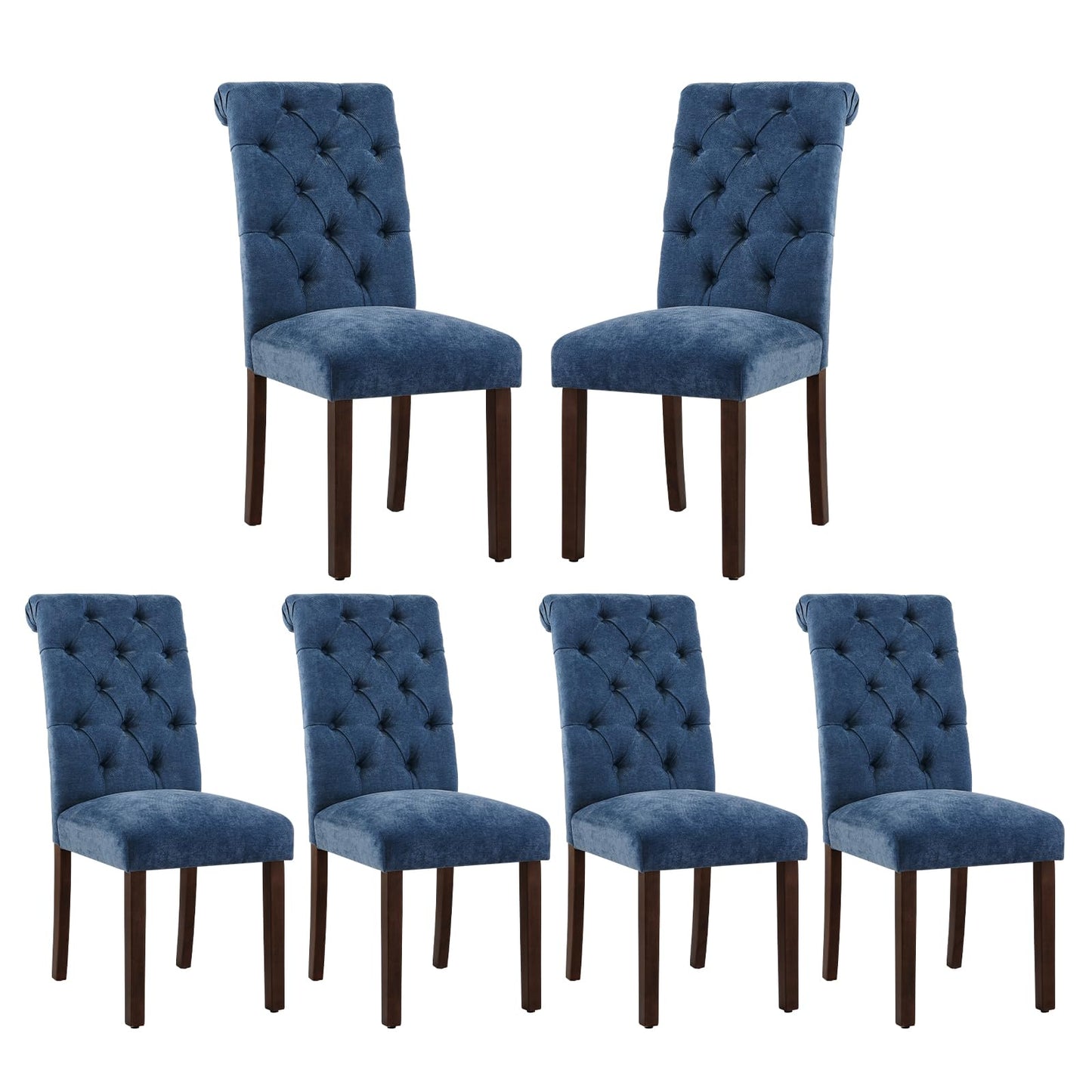 COLAMY Button Tufted Dining Chairs Set of 6, Parsons Upholstered Fabric Dining Room Chair Kitchen Chairs with Wood Legs and Padded Seat, Blue