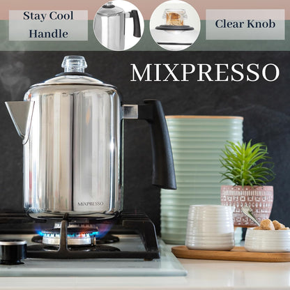 Mixpresso Stainless Steel Coffee Percolator, Stovetop Coffee Pot, 37oz, Excellent for Camping Coffee