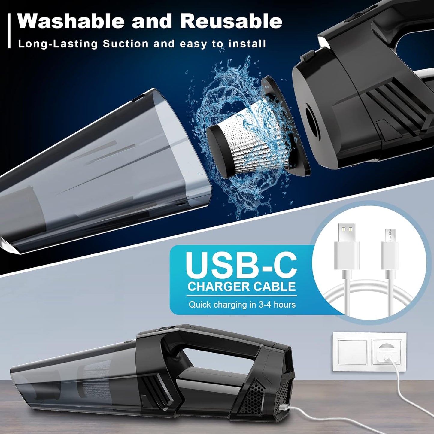 Handheld Vacuum Cordless Car Vacuum, Portable with LED Light, High Power Suction for Home Office, Pet Hair - Black