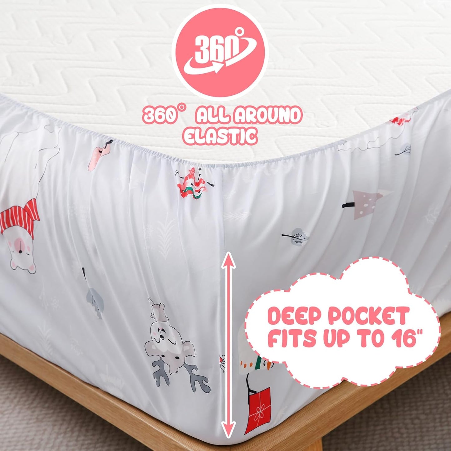 Set Sets 4 Yibeizi Kids Christmas Sheets Full Size, Light Grey Bear Snowmen Printed Sheet for Boys Girls, Cute