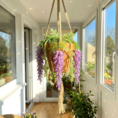 Potchen 13155 Pcs Wisteria Craft Beaded and 5 Inch Clay Pot Planter DIY Set, Glass Beads Plant Flower Making Kit with Artificial Moss Hanging Rope Purple Nature Series Colorful Crystal Leaf Jewelry