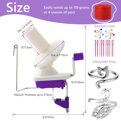 Yarn Ball Winder, Hand Purple Ball Winders for Yarn, Yarn Winder with Easy Installation for Yarn Storage +2PCS Adjustable Knitting Loop Crochet+10 PCS Stitch Knitting Needles +10 PCS Plastic Needles