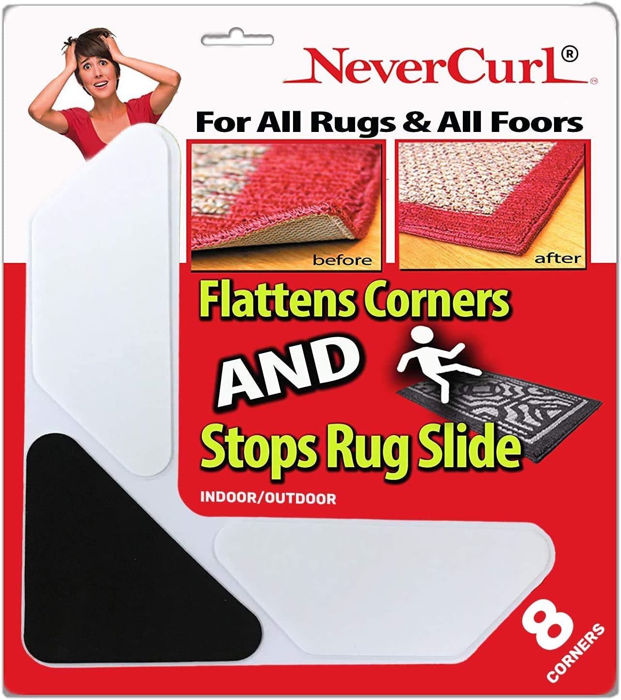 NeverCurl 8PK Rug Corner Grippers - Prevent Curling and Slipping, Easy Lift Design