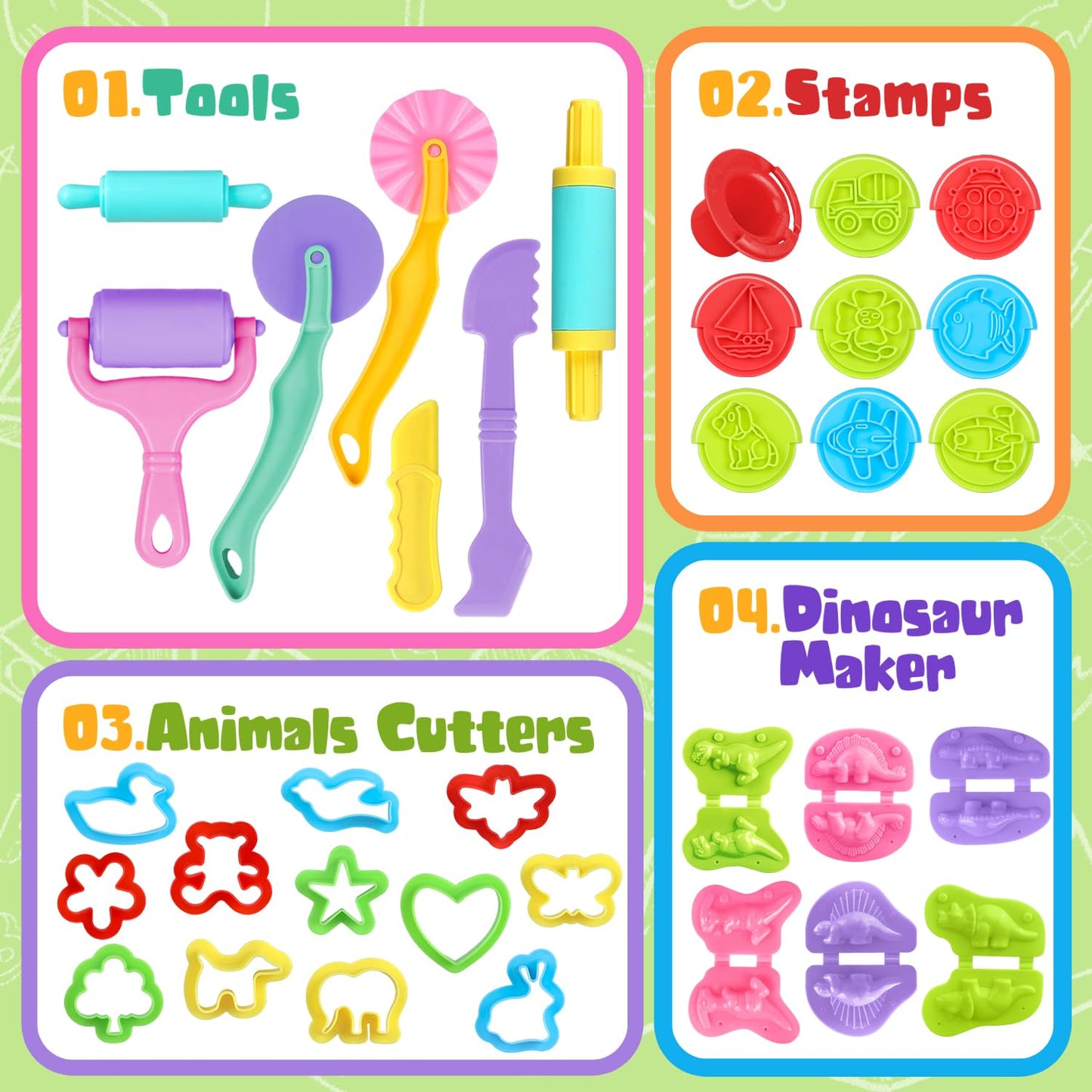 Dough Tools Set, 34 Pcs Dough and Clay Accessories with Stamp, Cutters, Dino Maker, Animals Molds, Rolling Pins, Modeling Clay Play Tools Kit for Boys Girls