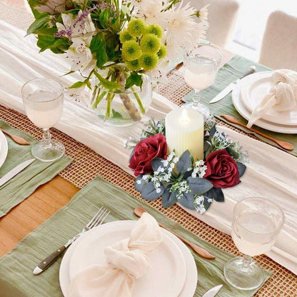 2 Pack Christmas Candle Rings Wreaths,Artificial Rose Floral Wreaths with Eucalyptus Leaves Greenery Small Wreath for Pillar Cabinet Wedding Centerpiece Party Home Table Decor (Red)