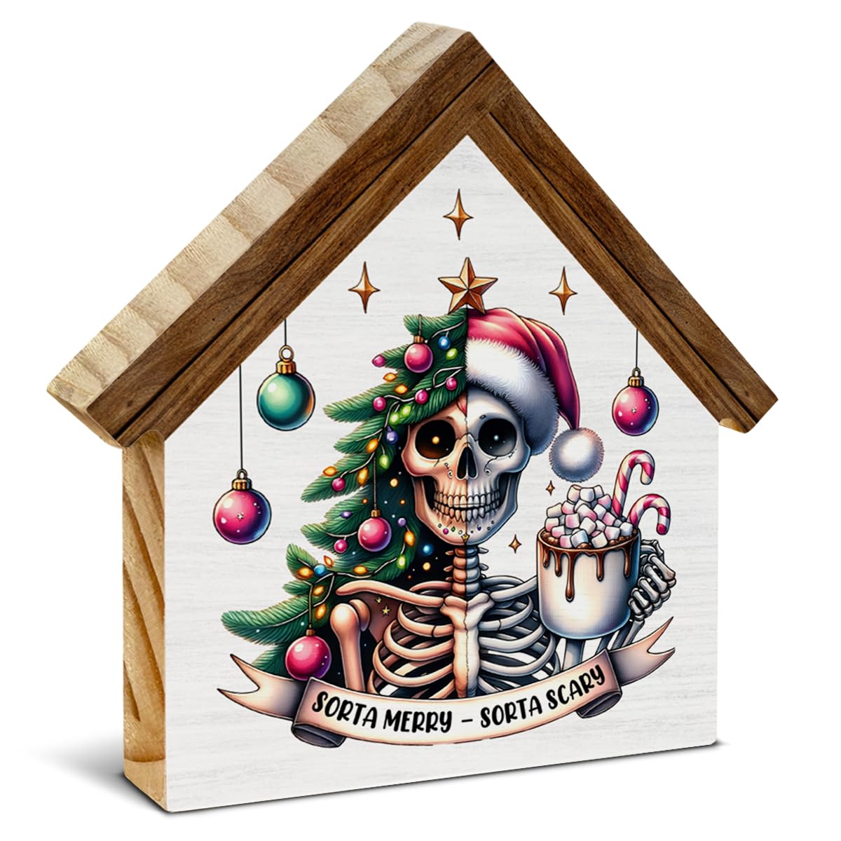 Gothic Christmas Skeleton Decor, Sorta Merry Sorta Scary House Shaped Wood Sign, Goth Spooky Christmas Decorations