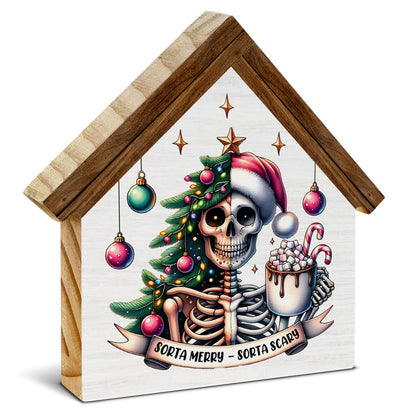 Gothic Christmas Skeleton Decor, Sorta Merry Sorta Scary House Shaped Wood Sign, Goth Spooky Christmas Decorations