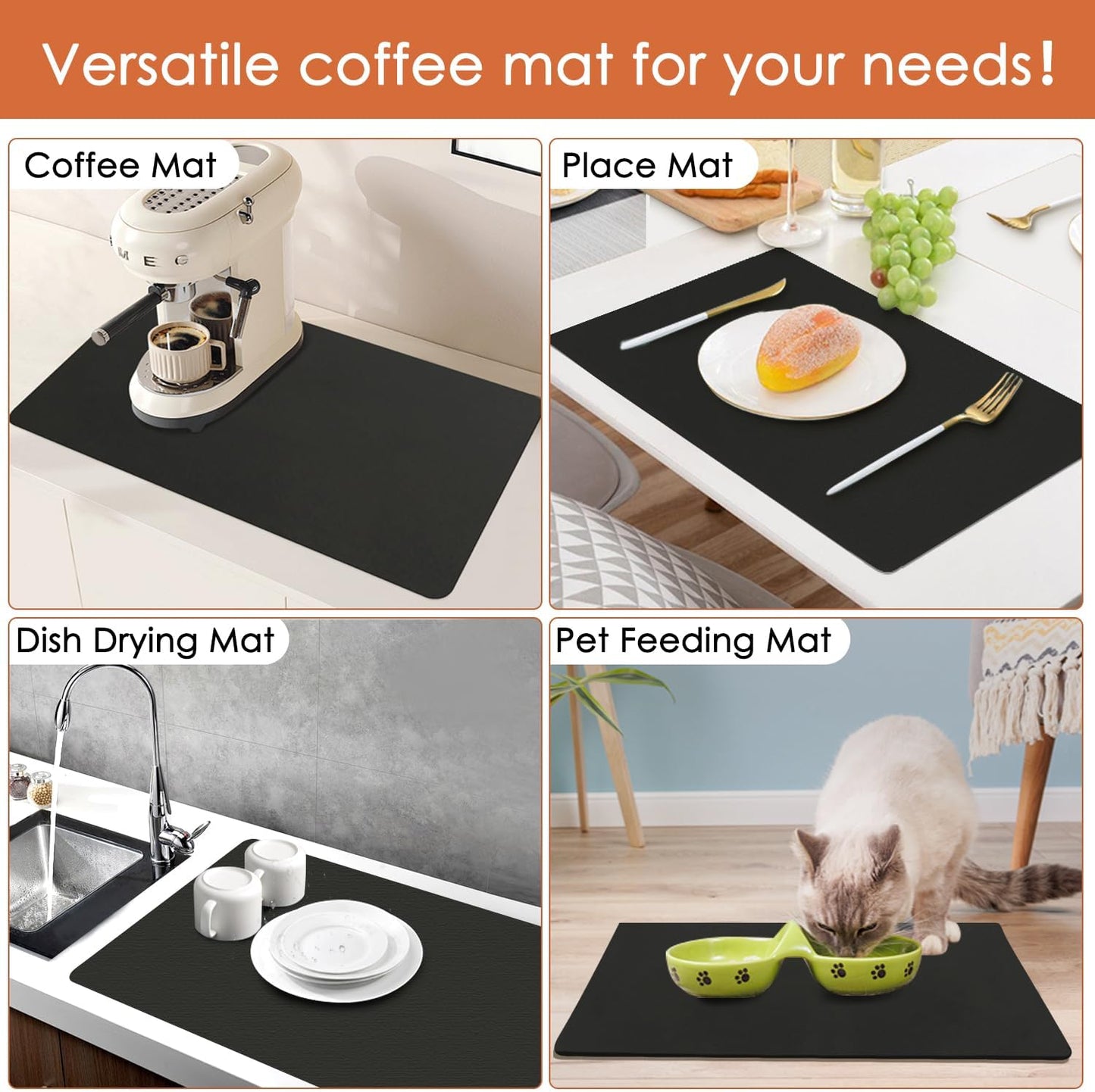 Coffee Mat for Countertop, 24x16" Super Absorbent Large Bar Mat, Quick Dry Black Dish Drying Mat for Kitchen