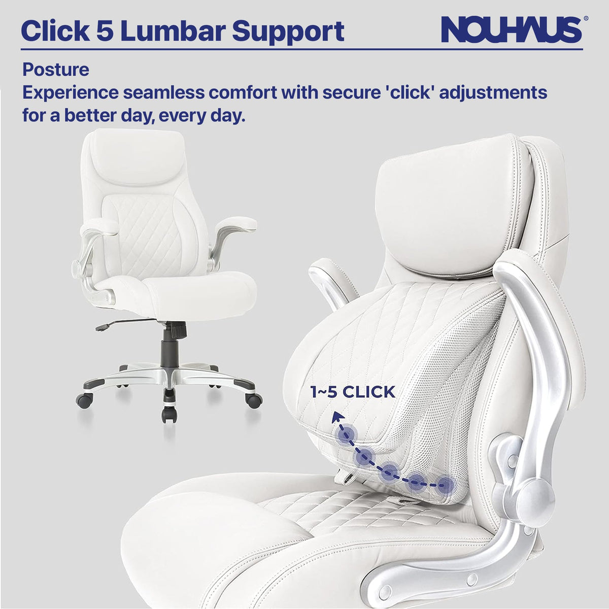 Nouhaus +Posture Ergonomic PU Leather Office Chair. Click5 Lumbar Support with FlipAdjust Armrests. Modern Executive Chair and Computer Desk Chair (White)
