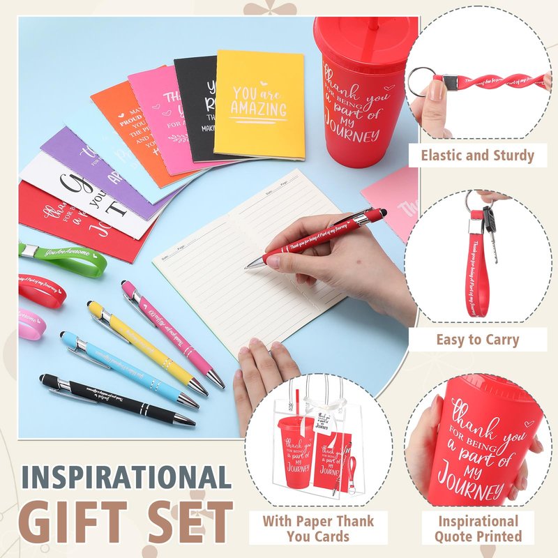 Widecook 181 Pcs Employee Appreciation Gifts 24 oz Inspirational Plastic Cups with Lid and Straw Notebooks Ballpoint Pens Keychains PVC Gift Bags Thank You Supplies for Teacher Coworker Staff(Classic)
