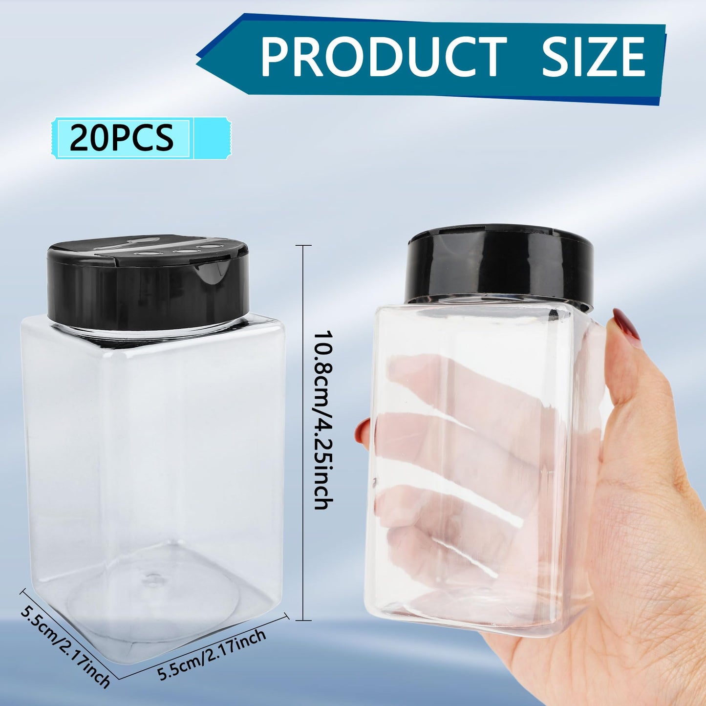 Conagel 20 Pack 9 oz Plastic Spice Jars with Black Cap Clear Empty Square Plastic Spice Bottle Large Empty Seasoning Containers for Storing Spice Seasoning Powders