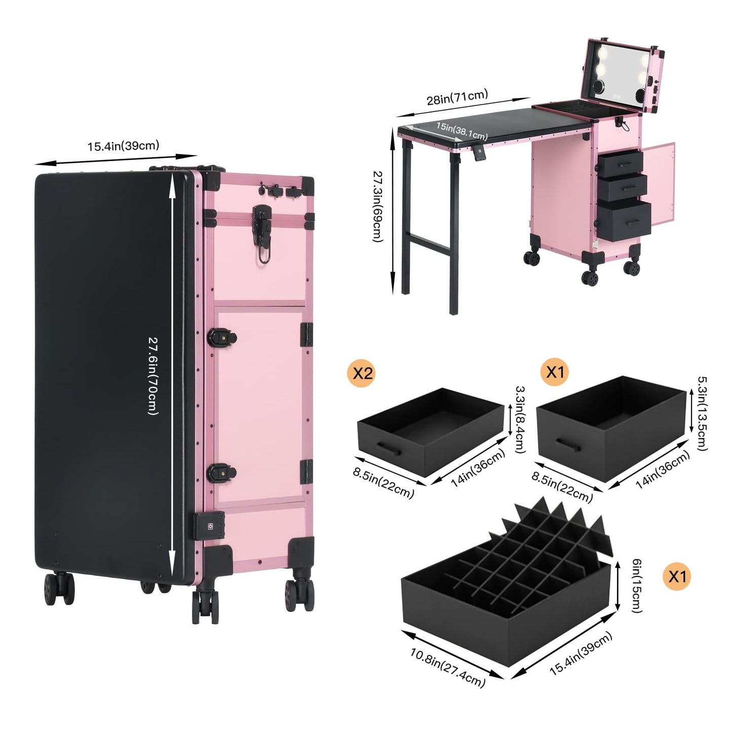 Rolling Portable Manicure Table with 3 Drawers, Lockable Makeup Train Case with Mirror, Foldable Nail Desk with Wheels & Handle, Mesa de Uñas Profesional para Nail Techs & Salon Use, Pink