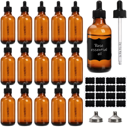 Jucoan 16 Pack Dropper Bottles, 4 oz/120ml Amber Glass Tincture Bottles with Graduated Glass Eye Droppers for Essential Oils, Perfume, 2 Stainless Steel Funnels,16 Chalkboard Labels